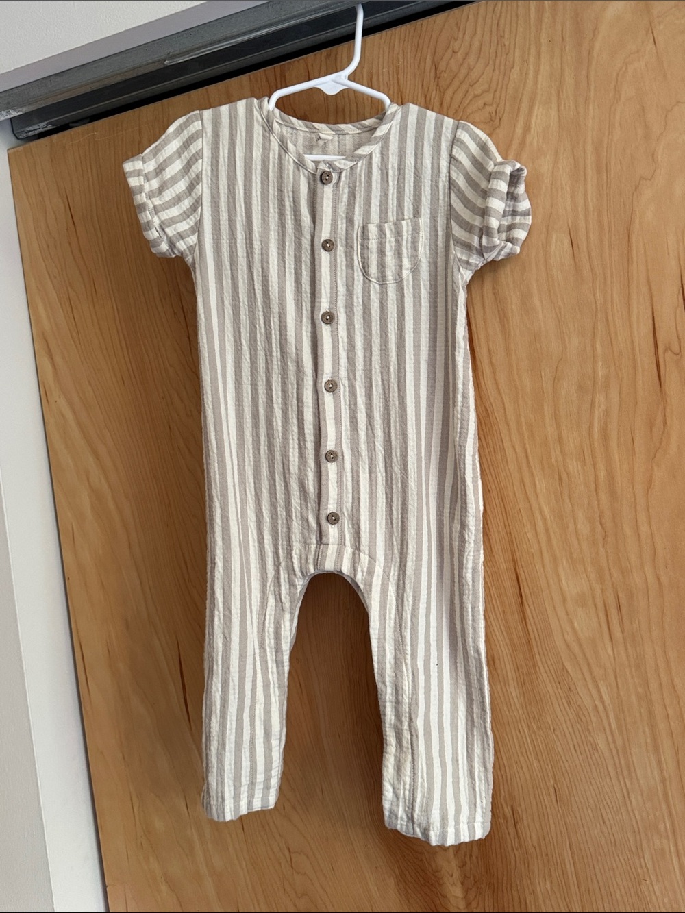 Quincy Mae Beige and White Striped Short Sleeve One-Piece